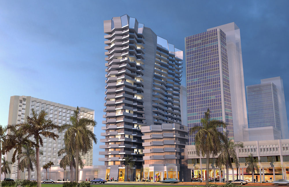 קוראים לזה מגדל Waves, והוא רוכב על בית גיבור תוך תוספת 8 קומות ושינוי דרמטי בחזיתות: במקום מבנה מלבני מאופק, גלים ואצבעות נשלחות לצדדים. משמאל, מלון דן פנורמה מגדל ליבסקינד בית גבור תל אביב