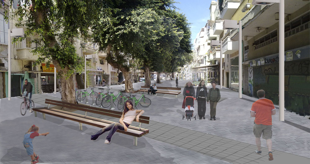 לקראת סיום: שדרת וושינגטון בפלורנטין הפכה לכמו-מדרחוב. מכוניות בצד, ורוב הרחוב מוקדש להולכי רגל ולרוכבי אופניים. שכונה עם מחסור כבד בעצים, בגינון ובניקיון פיתוח שדרות וושינגטון פלורנטין ראש השנה 2012