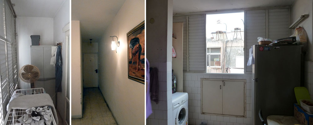 בני המשפחה גרים בדירה כבר 20 שנה. כך היא נראתה ''לפני'': המטבח (מימין), הכניסה הצפופה ומרפסת השירות עופר רוסמן דירה בבת ים