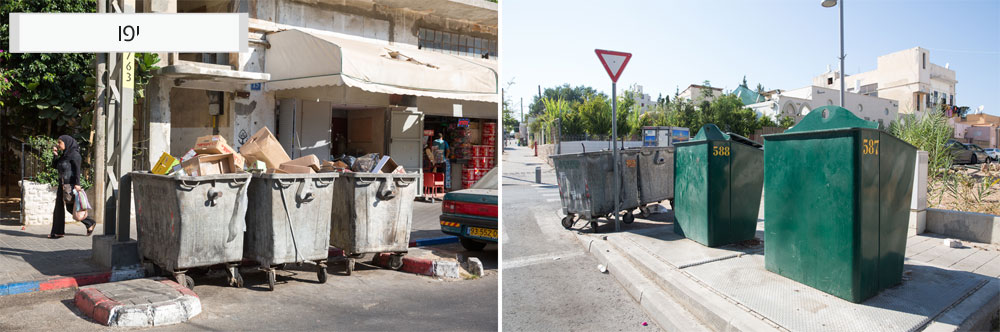 שיא הצחנה והקריאה לנברנים מתרחש ביפו: צפרדעים פתוחות, מכלים ישנים ועולים על גדותיהם, וגם המכלים המוטמנים (מימין) תוכננו כך שסביבתם מטונפת פחי זבל מיחזור יפו