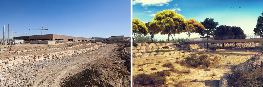 תוואי הנחל בהדמיה (מימין) ובשטח, כיום (משמאל). כדי לעבור מצד לצד הוקמו גשרי בטון חשוף עיר הבהדים