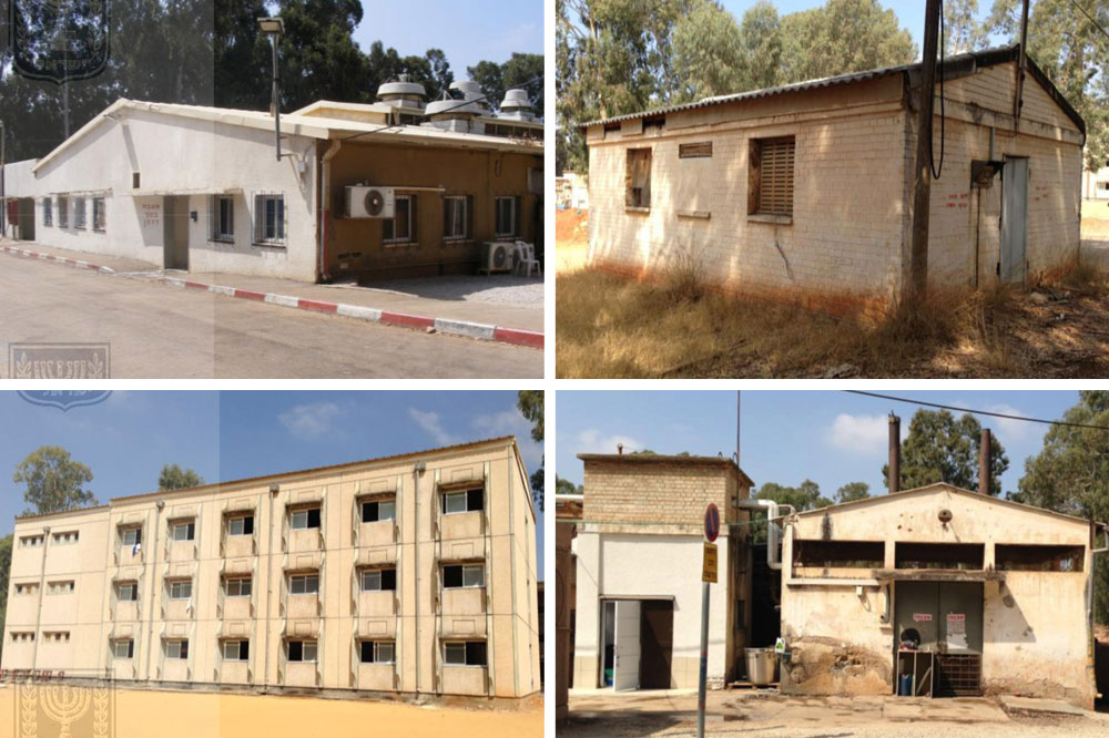 בשורה העליונה: מבנה סיליקט (מימין) מהסוג שיישמר, מבנה המטבח. בשורה התחתונה: חדר טכני ומגדל מים (מימין), מגורי סגל מחנה 80