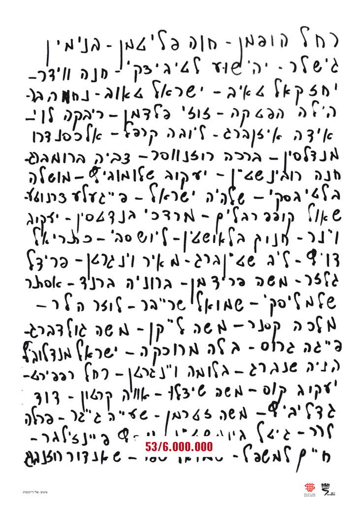 בדף הראשון, בתמונה הקודמת, היא מציגה שמות של אלפי נספים. בתמונה זו היא יורדת לעשרות בודדות, ואז יורדת לרמת היחיד כרזות שואה שואתיות טלי רייכנברג שנקר