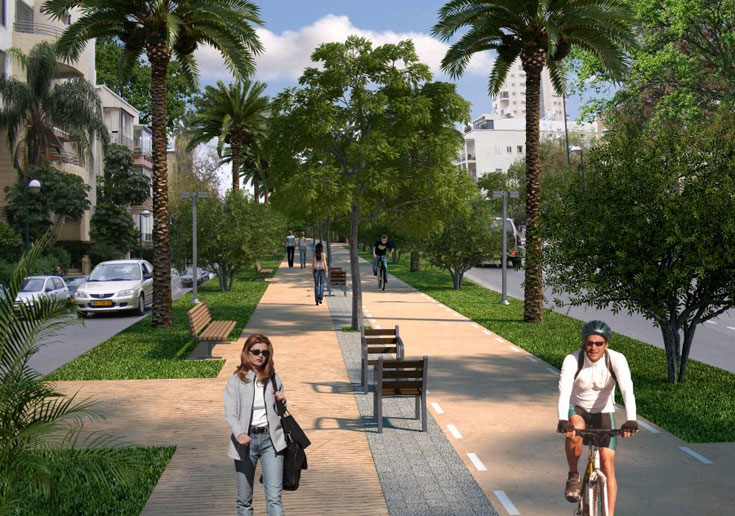 ההדמיה של שדרות בן גוריון בחלקן המזרחי, לאחר השיפוץ שיסתיים בדצמבר. מתחברות לעירייה, במקום אי התנועה הנוכחי שיפוץ שדרות בן גוריון בתל אביב