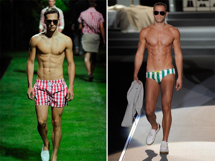 דוגמנים בבגדי ים על המסלול. מימין: DSquared2 חושפניים בטנגה, משמאל: D&G לפקטורי 54 סולידיים בבוקסר בגדי ים לגברים ספידו קולקציית D&G גברים קיץ בגדי ים לגברים