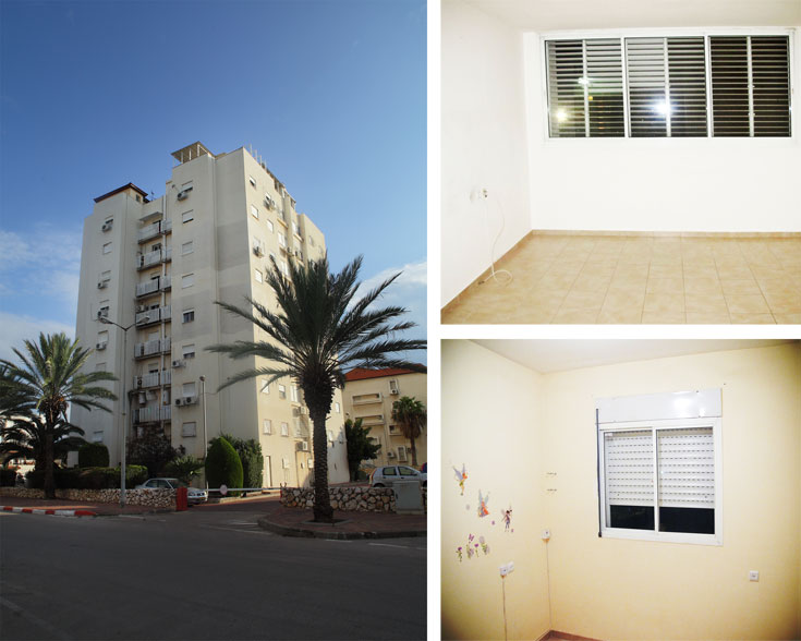 משמאל: הבניין בקרית מוצקין. מימין: הסלון (למעלה) וחדר הילדות, ''לפני''. 45 אלף שקלים לשיפוץ, ריהוט, תאורה ומכשירי חשמל דירה בקריות גילי אונגר